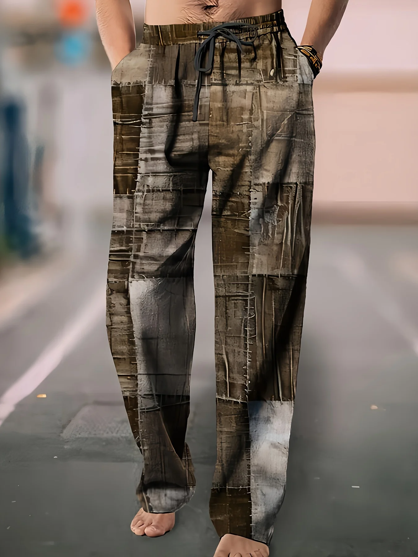 New Men's Bohemian Tribal Printed Stretch Linen Pants Breathable Blend Drawstring Lightweight Pants With Pockets Summer Joggers