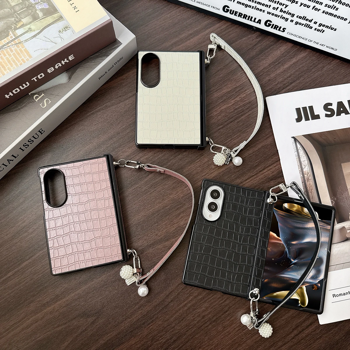PU Leather Crocodile Texture Phone Case with Hinge Protection for Samsung Galaxy Z Fold 8 Hard PC Back Cover with Hand Strap