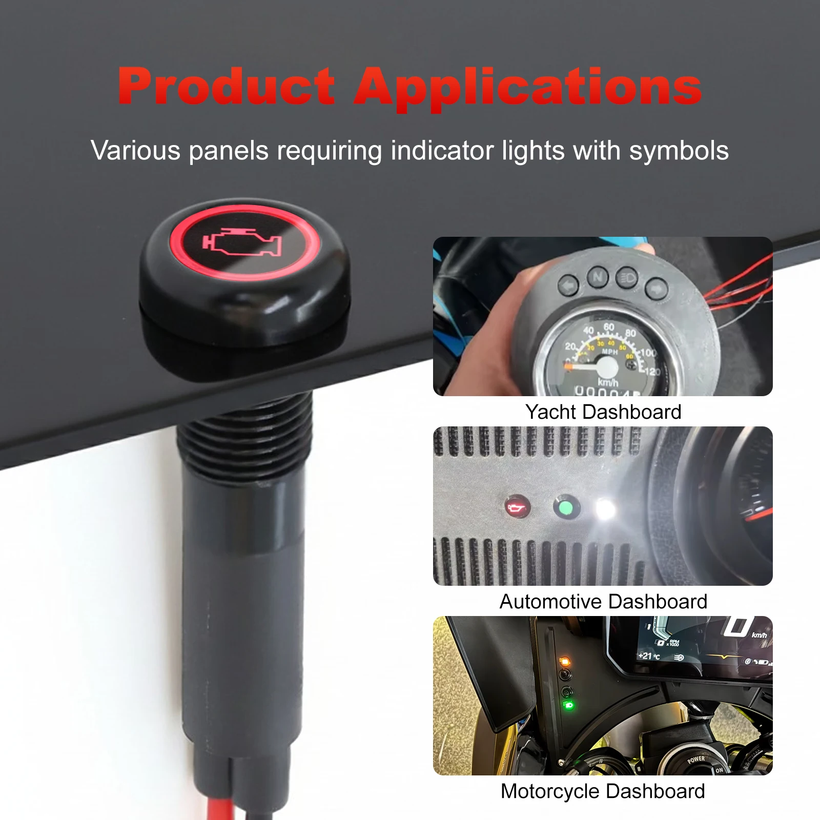 FILN 8mm 180 Symbols LED Indicator Lights 12v 24v for Automotive LED Car Nautical Instrument Lights Warning Lights with 20cm