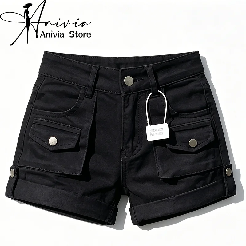 

Women's Black Gothic Pocket Denim Shorts Y2K American Harajuku High Street 2000S Fashion Retro Casual Jeans Shorts Clothing 2026