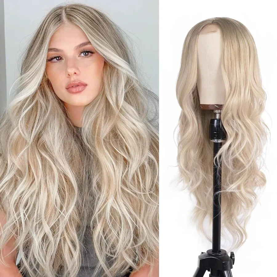 Long Ash Blonde Wavy Wig for Women 26 Inch Middle Part Curly Wavy Wig Natural Looking Synthetic Heat Resistant Fiber Wig for Da