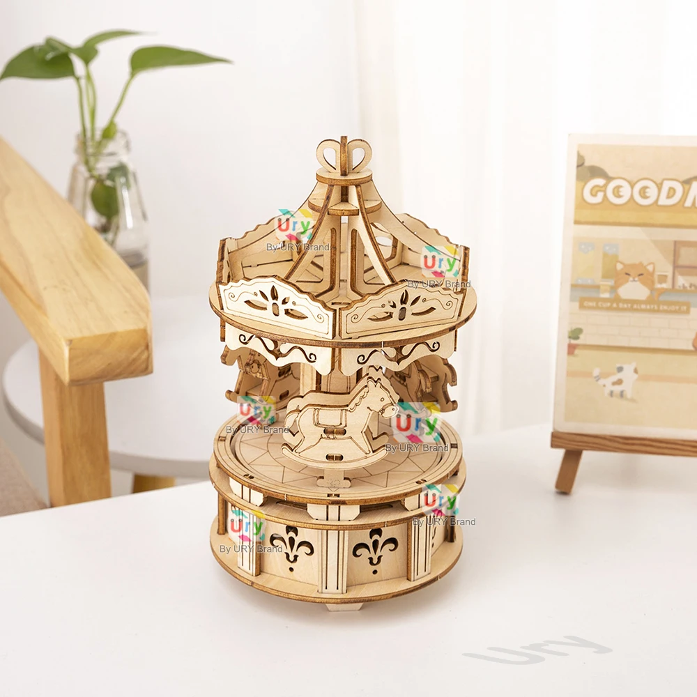 Rotatable DIY 3D Puzzles Carousel merry-go-round Music Octave Box Wooden Model Mechanical Kits Assembly Decor Toys Gift for Kids