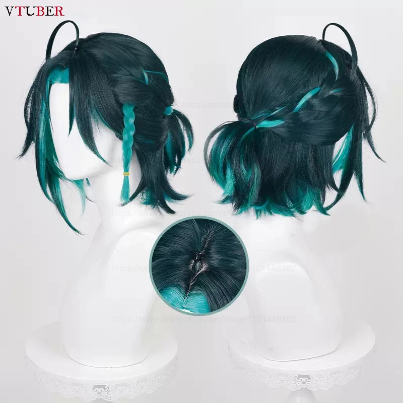 Xiao Cosplay Wig Game Impact Comic Xiao Short Mixed Green Braided Heat Resistant Synthetic Hair Party Wigs + Wig Cap