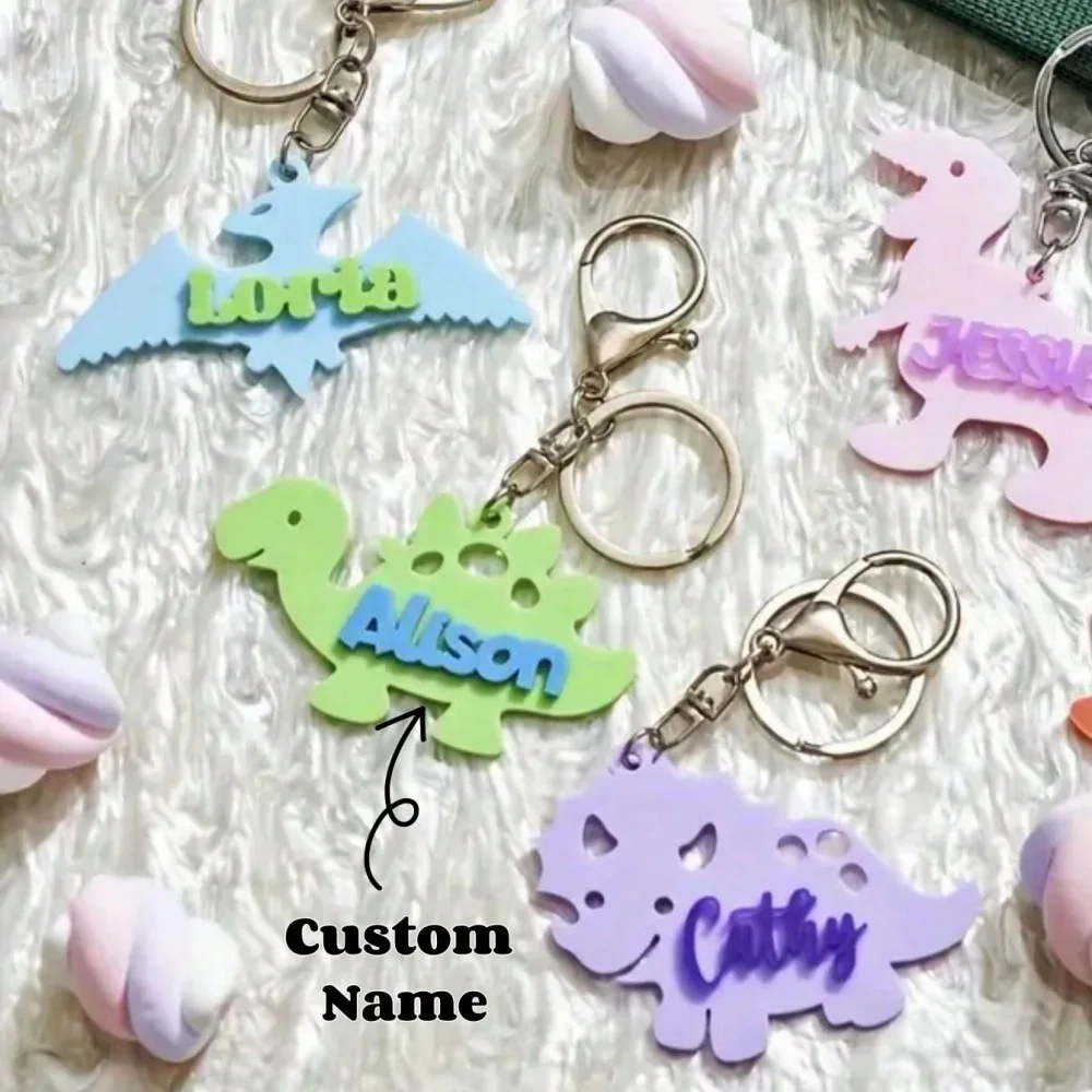 

Милый акриловый брелок в форме динозавра с индивидуальным именем, персонализированный рюкзак, багажные бирки, подвеска с именной табличкой, Keyribg для детей, подарок