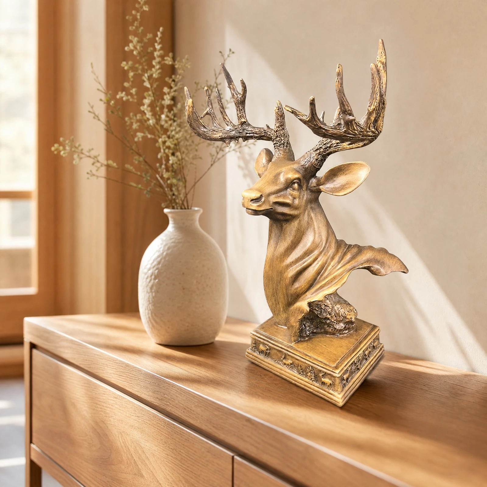 Freestanding Deer Head Decor with Base Refined Finish Synthetic Resin Deer Head Ornament Versatile Forest-Inspired-Inspired