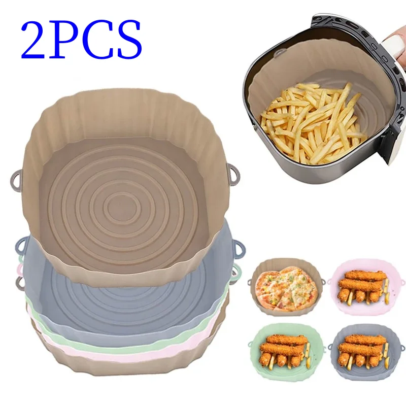 

2Pcs Air Fryer Silicone Basket Silicone Mold Airfryer Oven Baking Tray Pizza Fried Chicken Basket Reusable Pan Liner Accessories