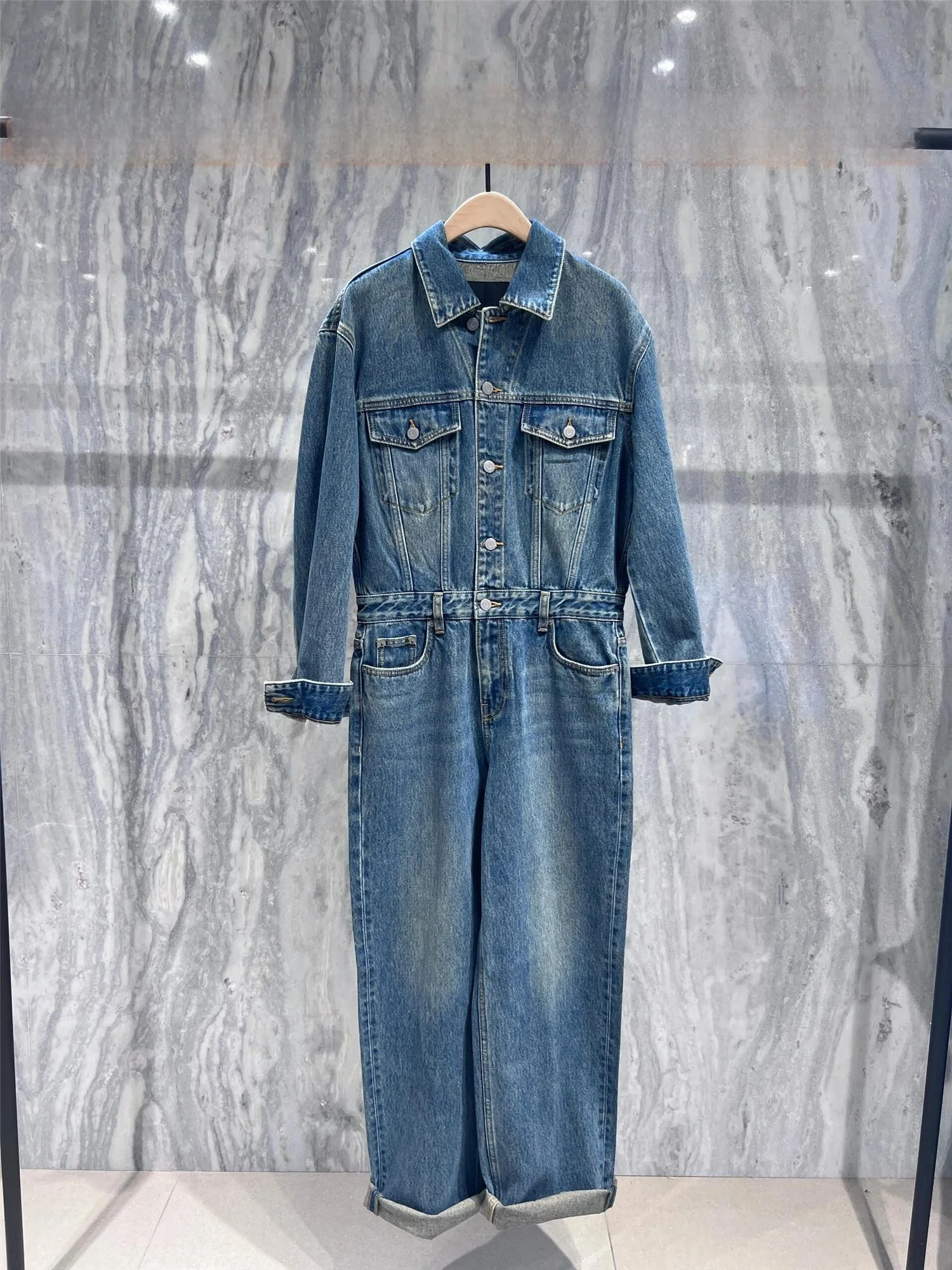 

Хлопковые комбинезоны с высокой талией, женские свободные прямые джинсы, длинные брюки, осеннее новое поступление, эффект похудения Faion