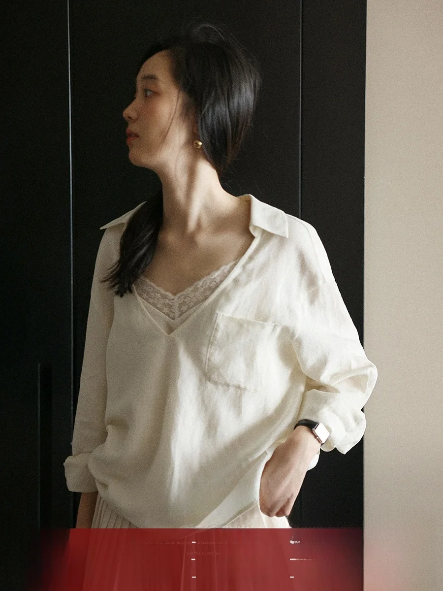 

Женская льняная блузка Lalaglow с V-образным вырезом и длинными рукавами, повседневная, свободного кроя, весенняя, модная, нежная, комфортная