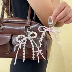 Korean Sweet Beaded Pearl Bowknot Ribbon Keychain Keyring Y2K Aesthetic Key Chain Holder For Girl Bag Pendant Accessories