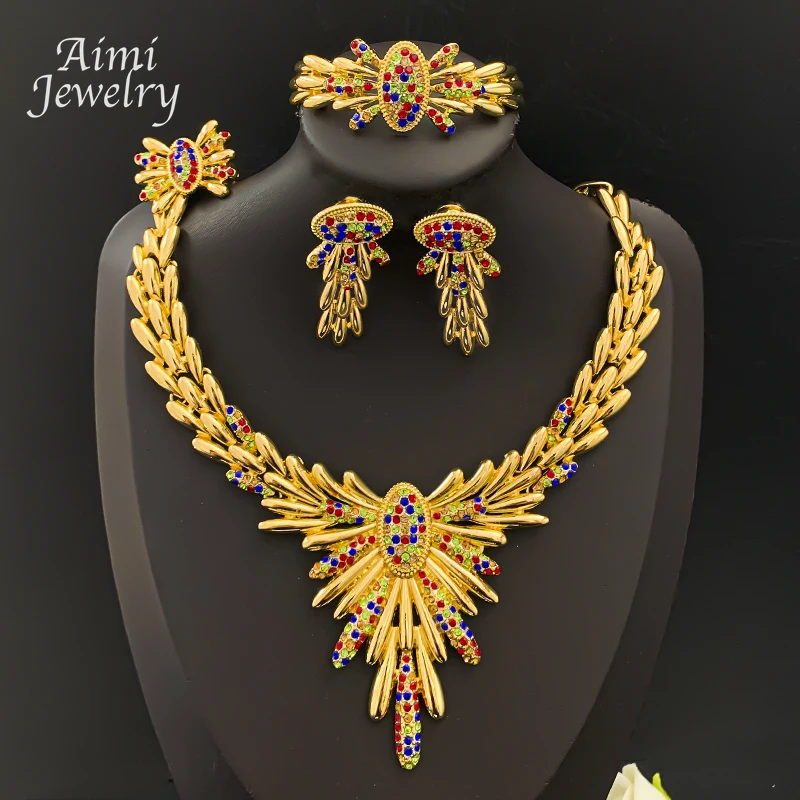 

Элегантный комплект ювелирных изделий из 18-каратного золота со стразами в Дубае для женщин, ожерелье, серьги, браслет, кольцо, Нигерия, подарки для свадебной вечеринки