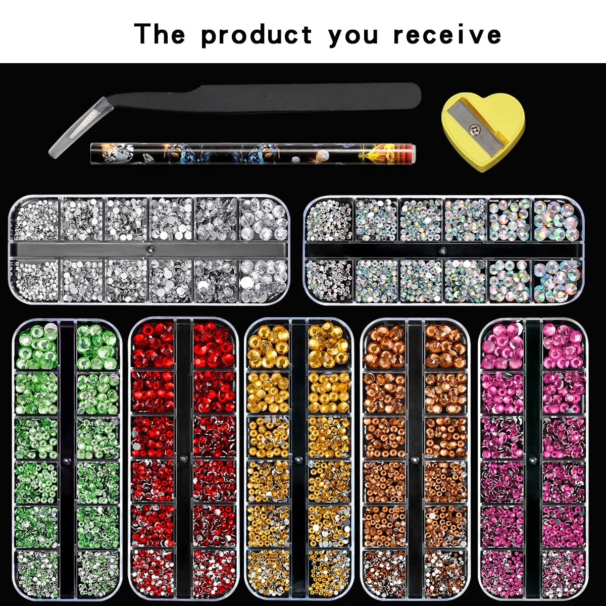 Paquete económico de diamantes de imitación de resina con parte posterior plana, 7 cajas, surtido de 12 estilos de varios tamaños (2-6 mm) para decoraciones artísticas de uñas DIY