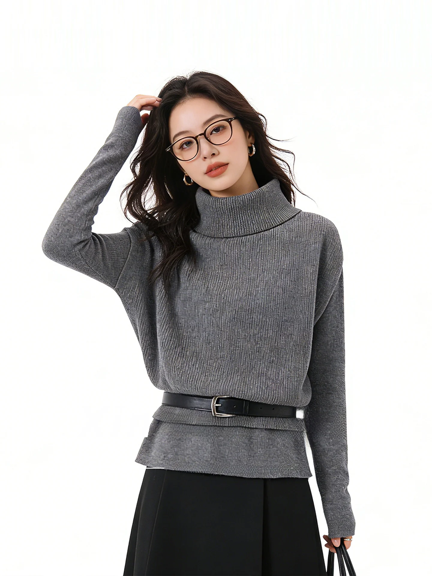 

Korean Sle High Ne Knitted Sweater Svel Women's Slim Fit Faion Set Warm Casual Winter Ensemble ort Length