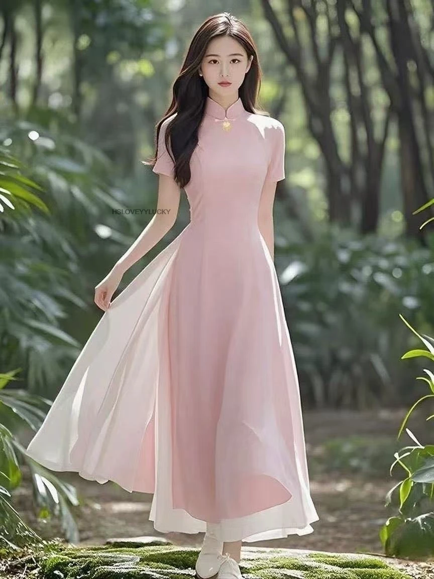 ملابس النساء Aodai Vetnam طويلة شيونغسام Aodai الفيتنامية التقليدية فستان المرأة رشيقة تشيباو الشيفون آو داي