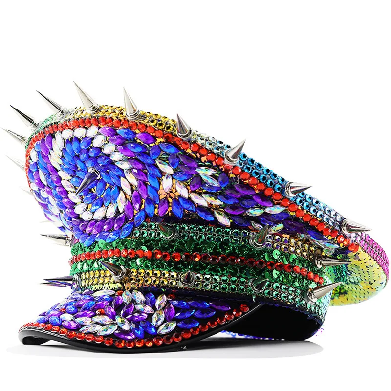 カラフルなラインストーンパフォーマンス、ホットスタンピング、多用途、ダイヤモンドがちりばめられたネイビーハットパーティー、カーニバル、誕生日、結婚式、ビッグキャップ