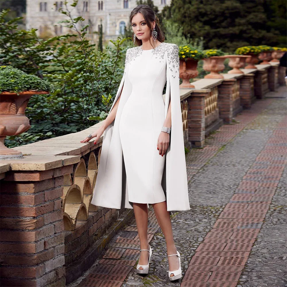 

Luxury Cocktail Dresses for Women Crystal Cloak Sleeves O Neck Column Cocktail Gown Midi Tea Length Back Split Short Party Dress