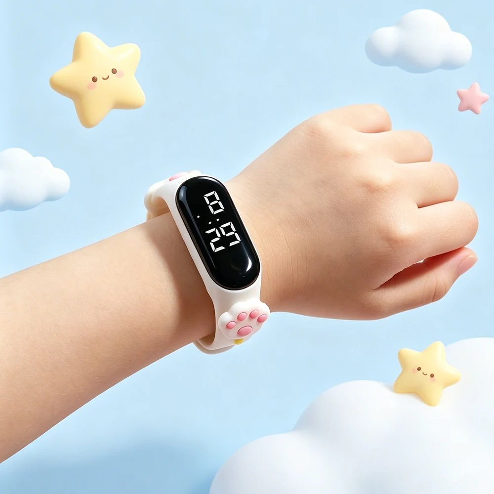5pcs LED Girls Watches Children 3D Cartoon Cute Paw Pad Donut Kids Sports Watch Boys School Student Waterproof Digital Clock