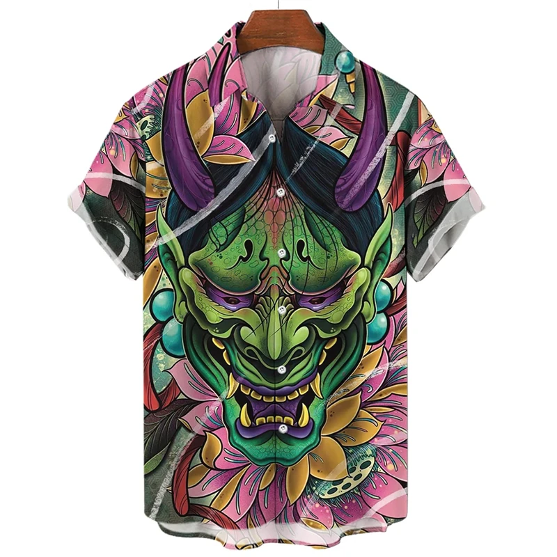 Mythical Monster Men\'s Shirt 3d Horror Face Print T-shirts Vintage Summer Male Tops Hawaiian Casual Oversized Loose Men Clothing