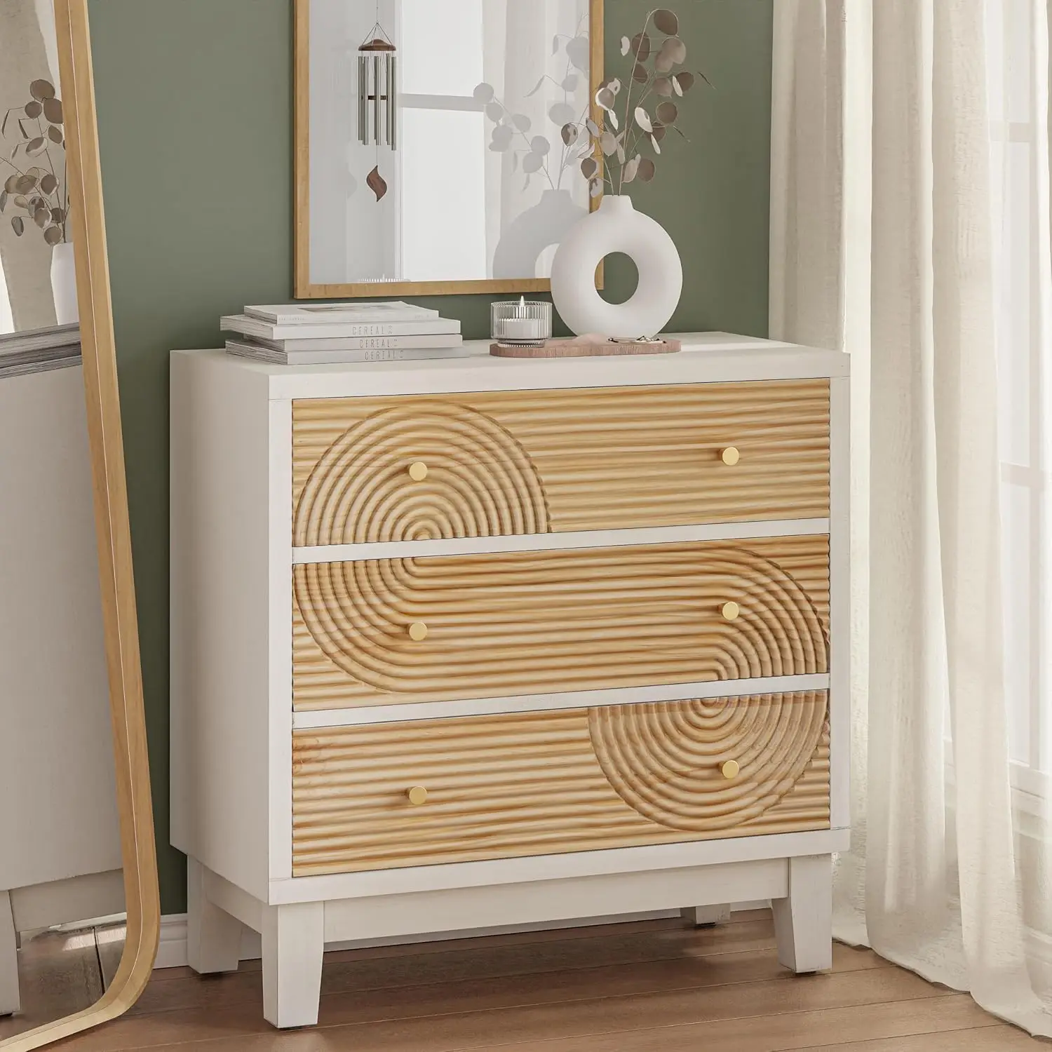 3-Drawer White Farmhouse Dresser with Handicraft Wood Ring Motif, Fully Assembled Nightstand Wooden Finish for Boho, Mid