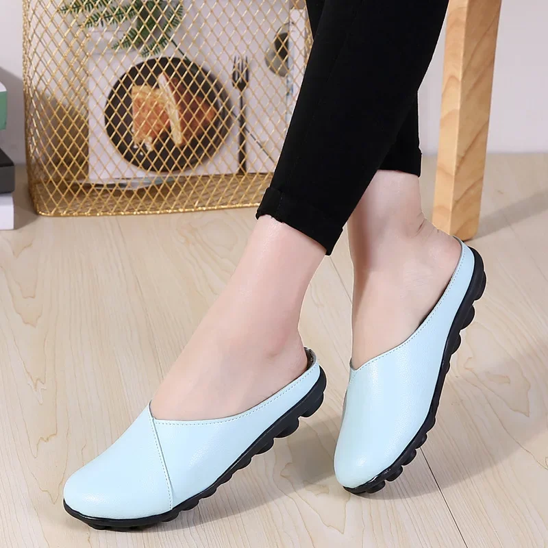 2024 New Summer Outside Genuine Leather Comfortable Round Toe Solid Casual Sewing Woman Slippers Sandals Flats Slides