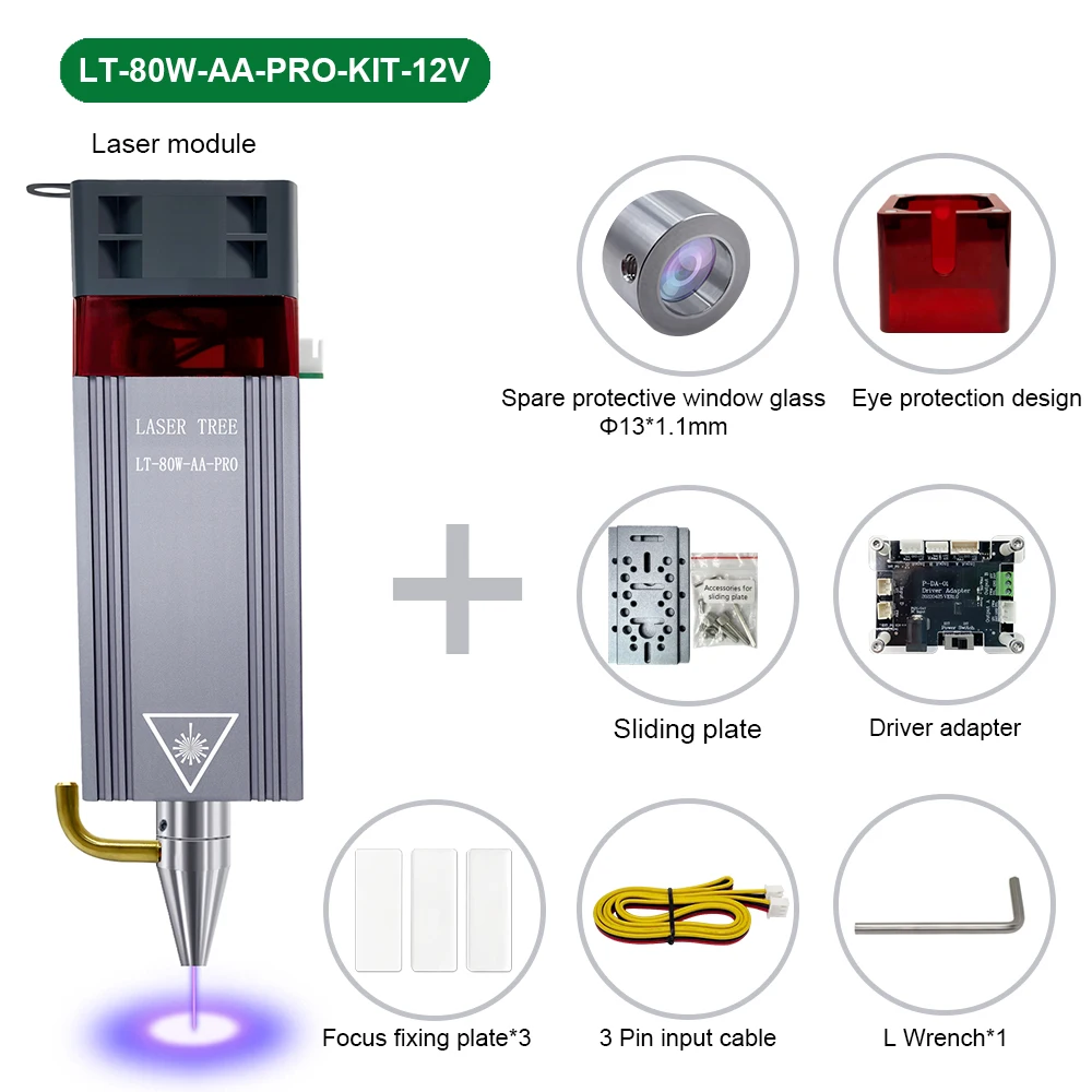 LASER TREE-Cabeça laser de potência óptica, luz azul, módulo TTL para gravador a laser CNC, corte, ferramentas para madeira, assistência a ar, 5W,