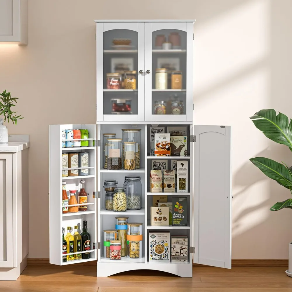 

Kitchen Cabinet, Tall Storage with Glass Doors and Adjustable Shelves, Freestanding Floor Cabinet Cupboard, Cabinets Kitchen