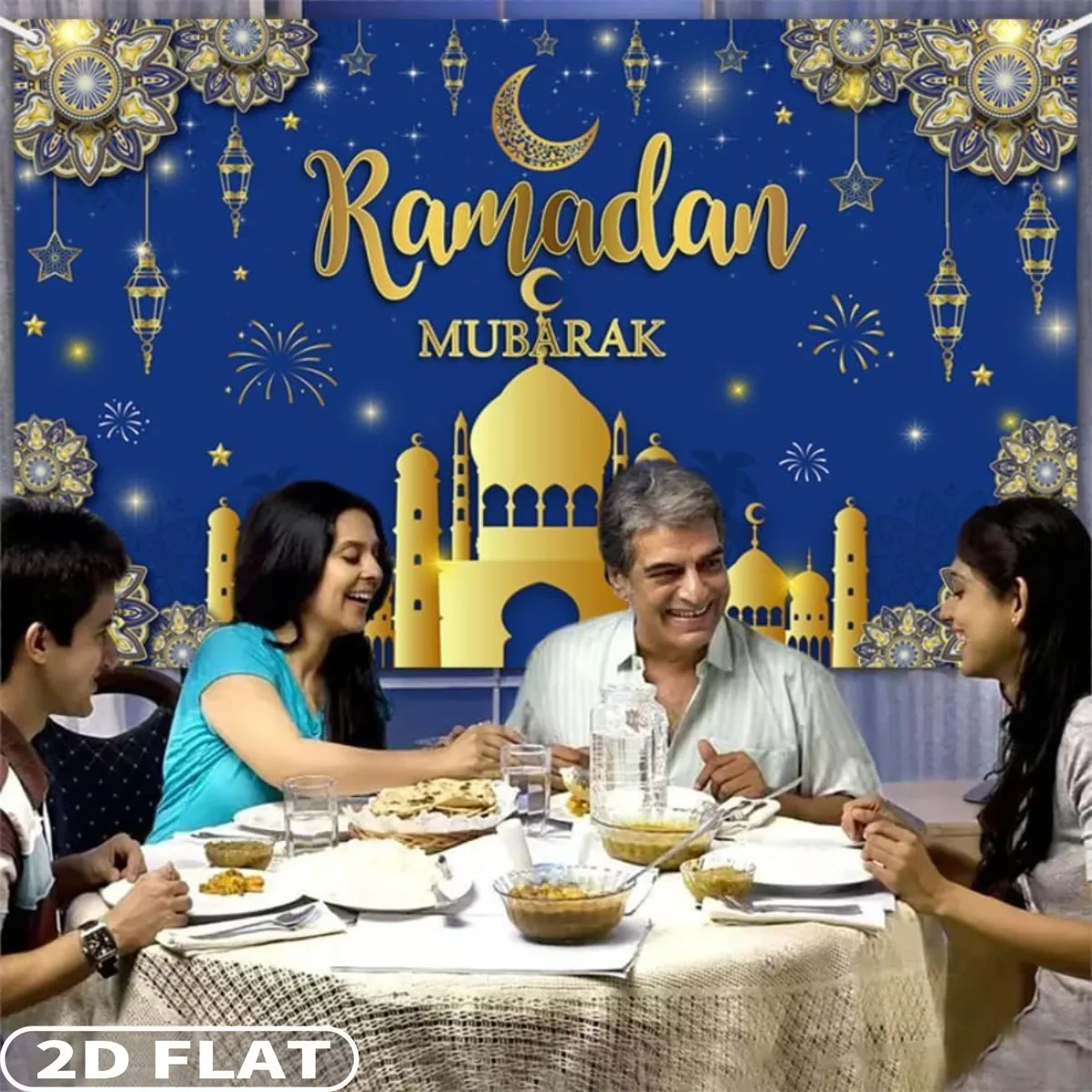 2D FLAT 1pc Ramadan Mubarak Festive Backdrops, Polyester Blue Gold Muslim Kareem Banner Eid Al-Adha Mubarak Party Decor Banner