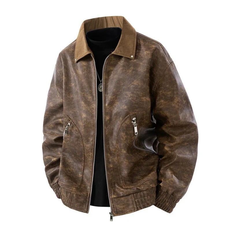 

2025 Men's Camouflage Tie-Dyed Autumn Vintage PU Leather Jacket with Rivet Trim