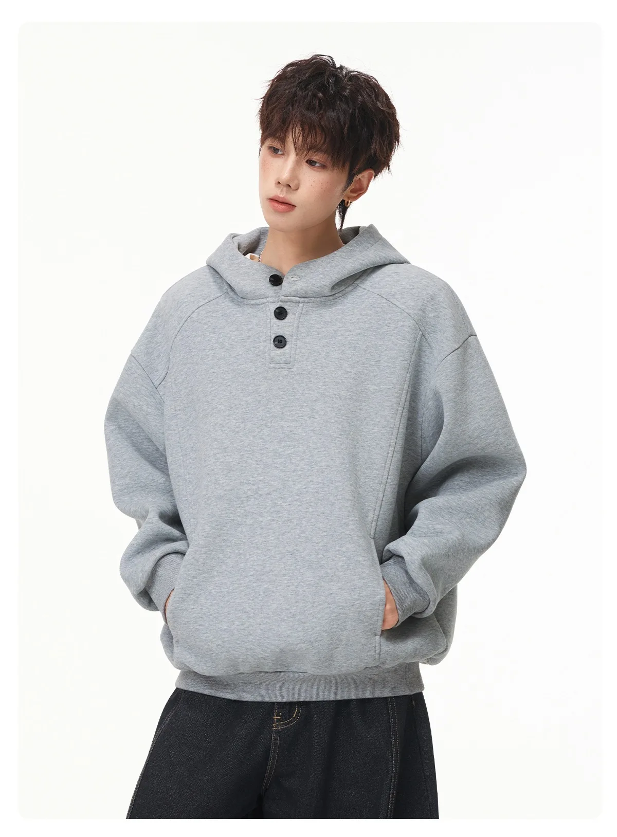 Autumn Winter New Button Half High Neck Hoodie for Men Korean Fashion Harajuku Simple Solid Men's Casual Loose Hooded Sweatshirt