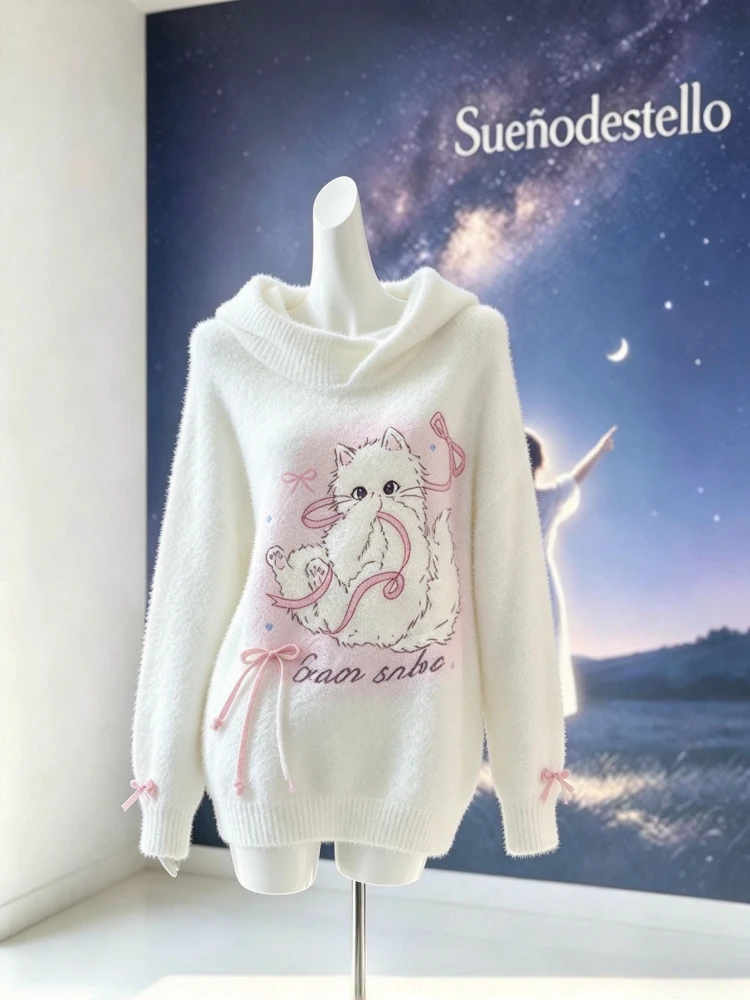 Sweet Kawaii Korean Fashion Faux Mink Fur Knit Sweater Women Cartoon Cat Print Pink Bow Drawstring Hem Loose Fit Casual Outfit