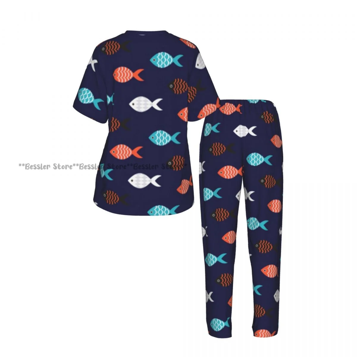 Women's Colorful Fish Pattern short sleeve trousers casual pajamas set view 3