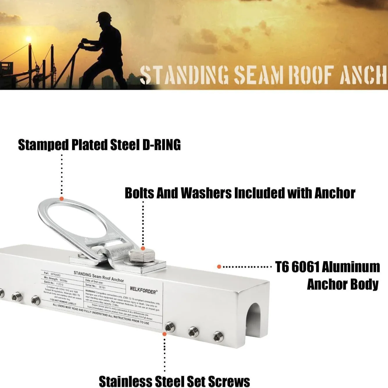 WELKFORDER Standing Seam Roof Anchor Entrainment D-Ring Mounted Aluminum Drop Protection Roof Cover