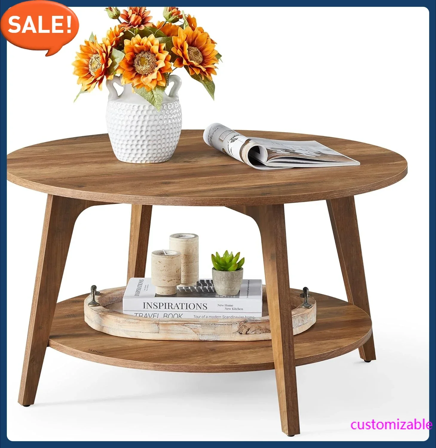 

Round Coffee Table, 2 Tier Coffee Table with Storage, for Living Room, 31.5 x 17.7 Inches, Easy to Assemble, Honey Brown