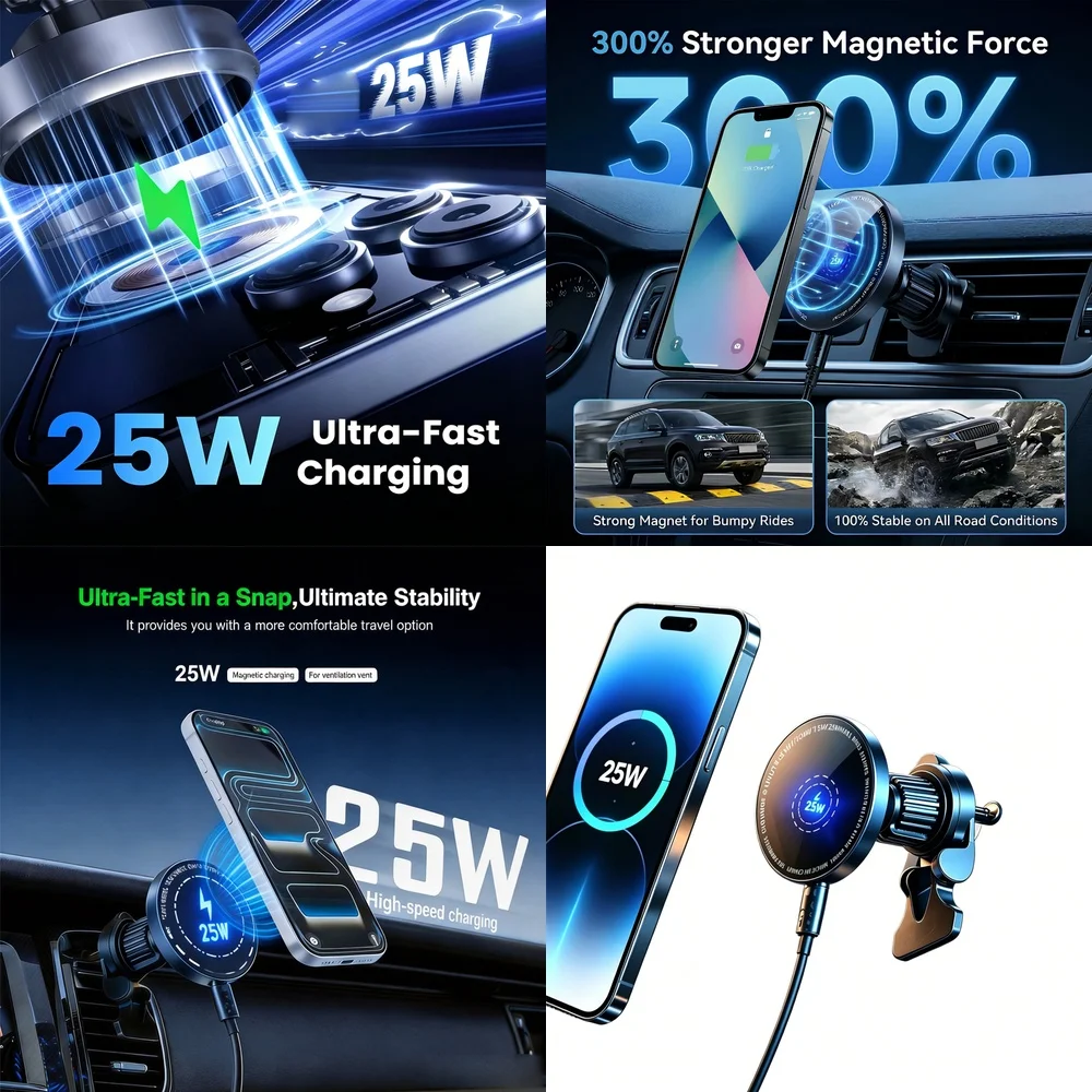 Cargador Inalámbrico Magnético Súper Rápido de 25W para Coche, Soporte para Teléfono con Ventilación, Carga Inteligente para iPhone 17 16 15 14 13 12 Pro Max