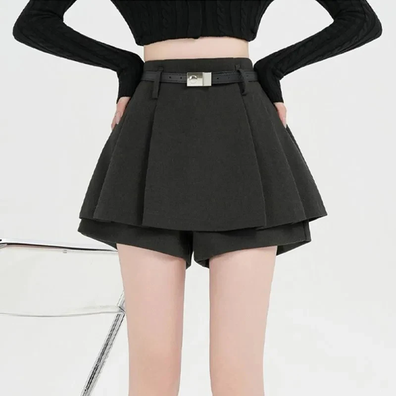 Korean Woolen Sexy Mini Skort Women Black Pleated Preppy Skort A Line Classic Simple High Waisted Casual Harajuku Y2K Skort