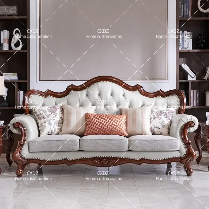 Solid Wood Leather Sofa Simple Living Room Combination Small Apartment Light Luxury First Layer Cowhide Buckle