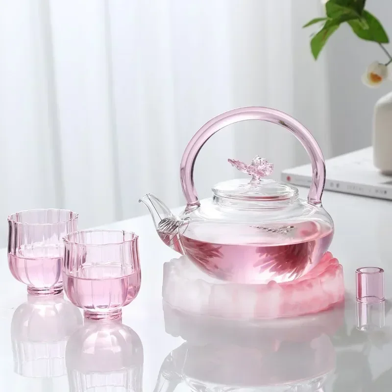 Tetera de Iris rosa transparente de 700ml, tetera de cocina Pyrex, juego de té para el hogar, horno de arcilla eléctrico, olla individual