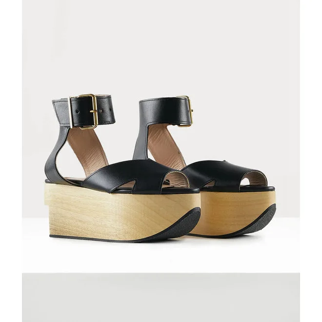PU Leather Round Toe Platform Shallow Women Marry Jane Shoes Wood Grain Strange Style High Heels Buckle Strap Large Size Shoes