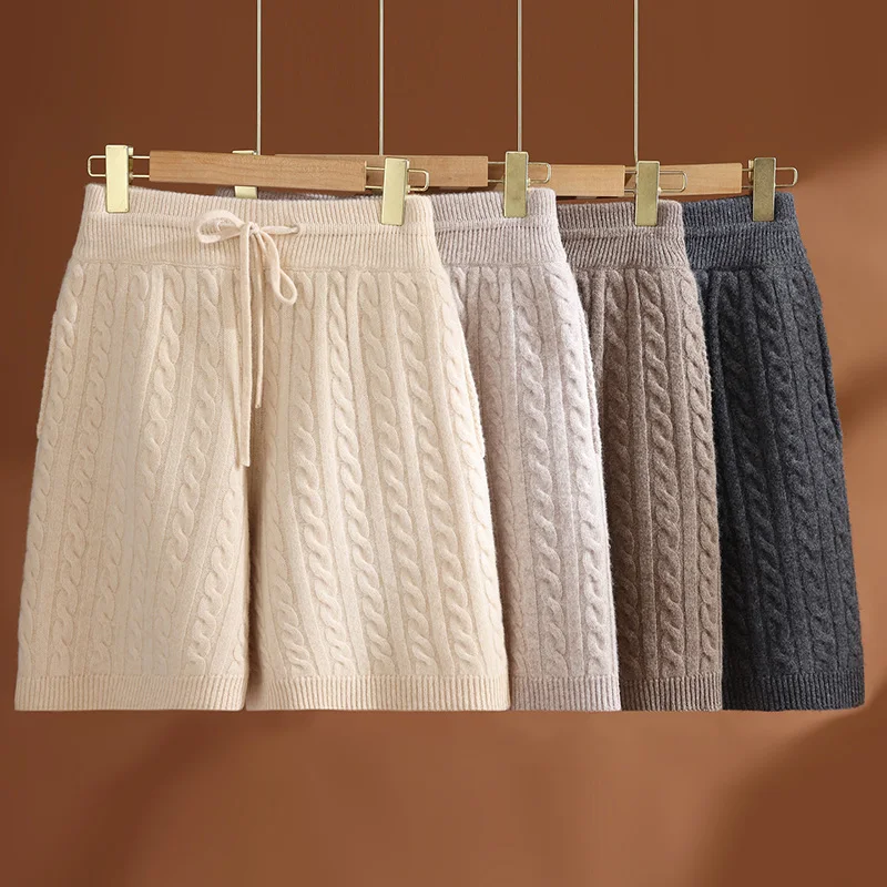 High Waist Twisted Rope Elastic Waist 100% Merino Wool Knitted Pants Women Casual Shorts with Pockets