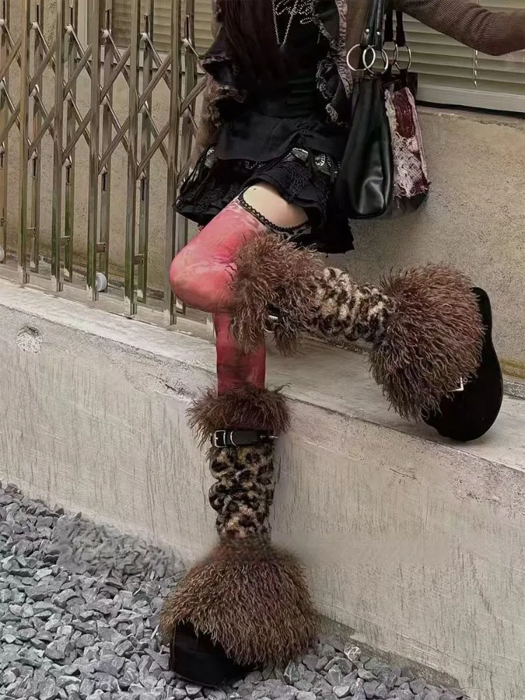 Retro Y2k Plush Leg Warmers Japanese Harajuku Rivet Leopard Winter Warm Thickened Socks Leg Cover Sweet Lolita Party Accessories