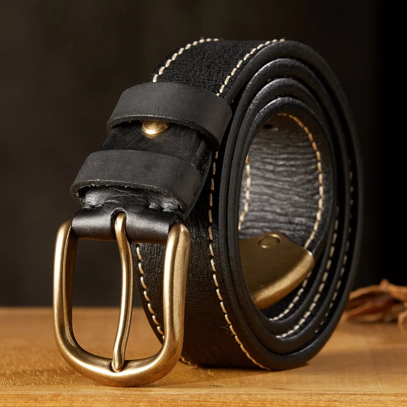 4.0cm /1.57 inch Men's Vintage Leather Belt First Layer Cowhide Brass Buckle Belt Handmade Casual Workwear Jeans Belt