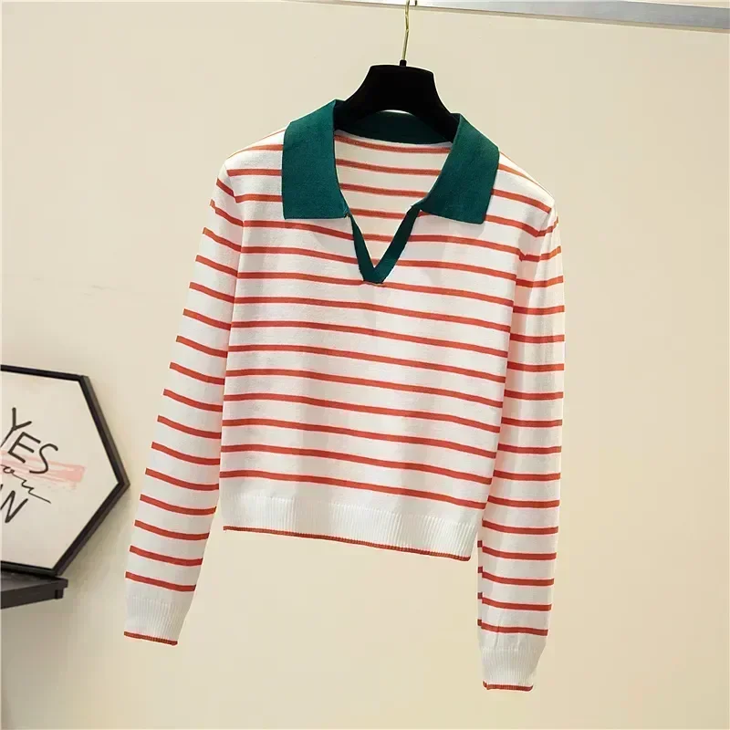 Women\'s Striped V-neck Pullover Polo Sweater Early Autumn All-match Tops Long-sleeved Knitted Bottoming Sweaters Jumpers New