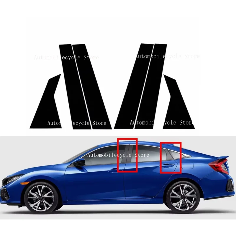 6PCS Glossy Black Pillar Posts Fit For Honda Civic Sedan 2016 - 2018 2019 2020 2021 Window Moulding B C Center Sticker Cover