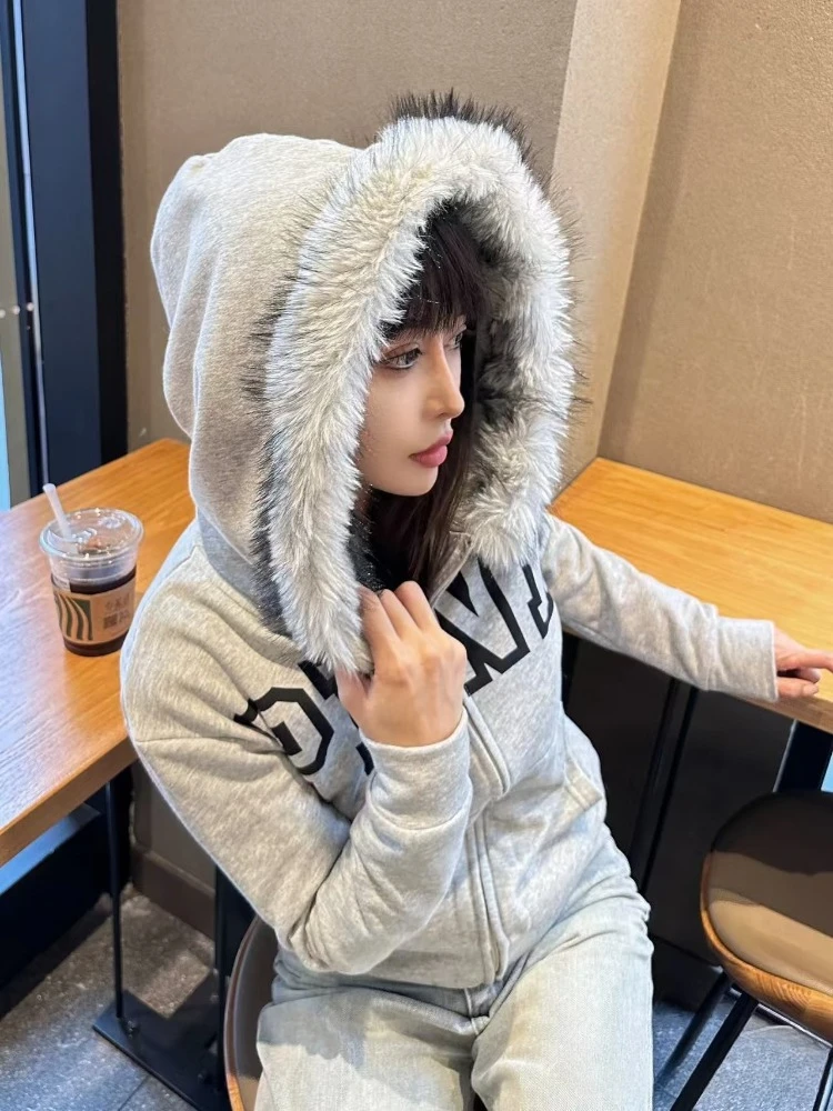 Jaket Musim Dingin Estetika y2k Fashion Wanita Vintage Gothic Punk Cetak Huruf Resleting Hoodie Baru Harajuku Streetwear Pakaian Hangat