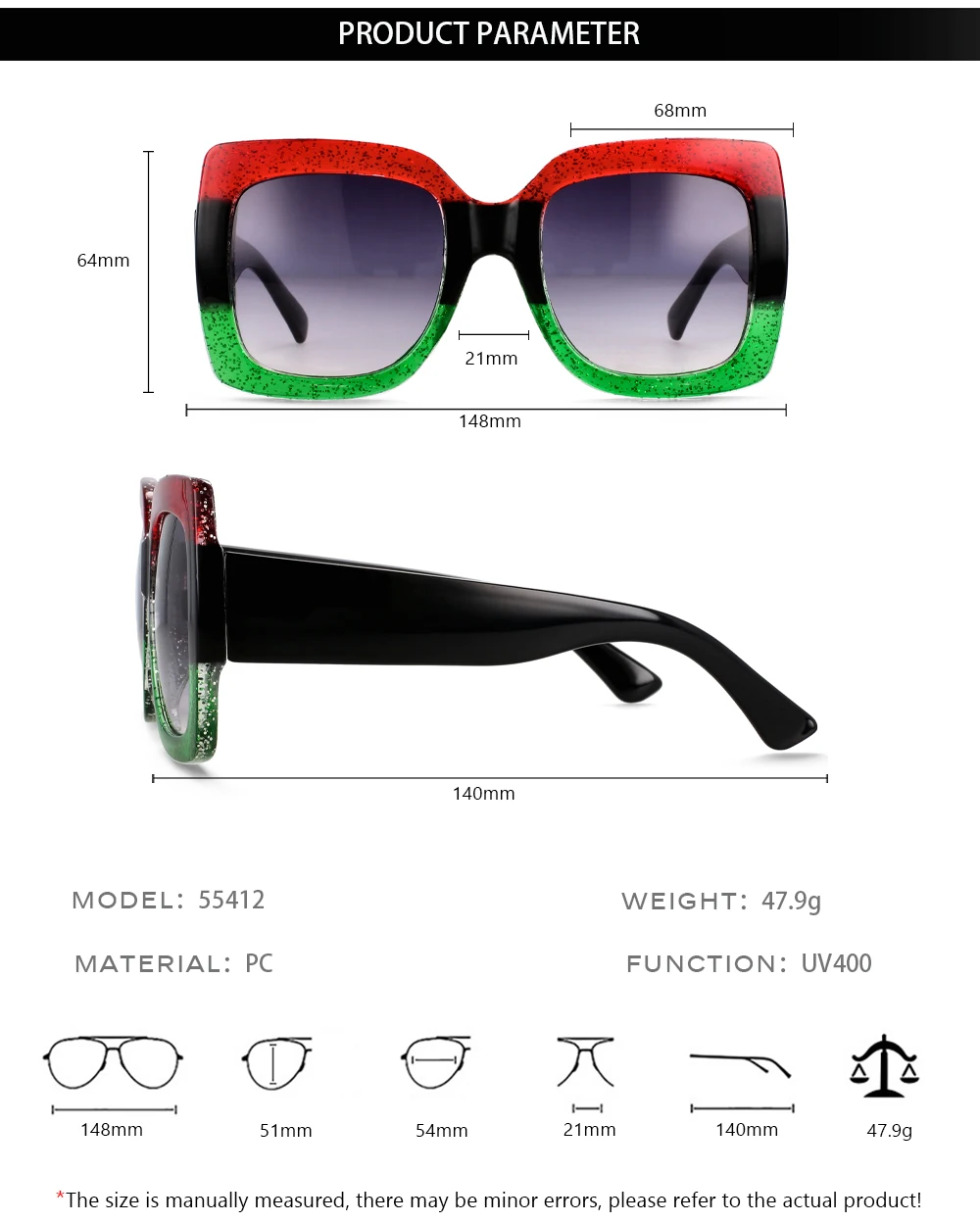 55412 Retro-Quadrat-Sonnenbrille für Damen, Vintage-Stil, großer Rahmen, modische Luxus-Designer-Sonnenbrille, Uv400-Brillen, Trendprodukte – Detail 3