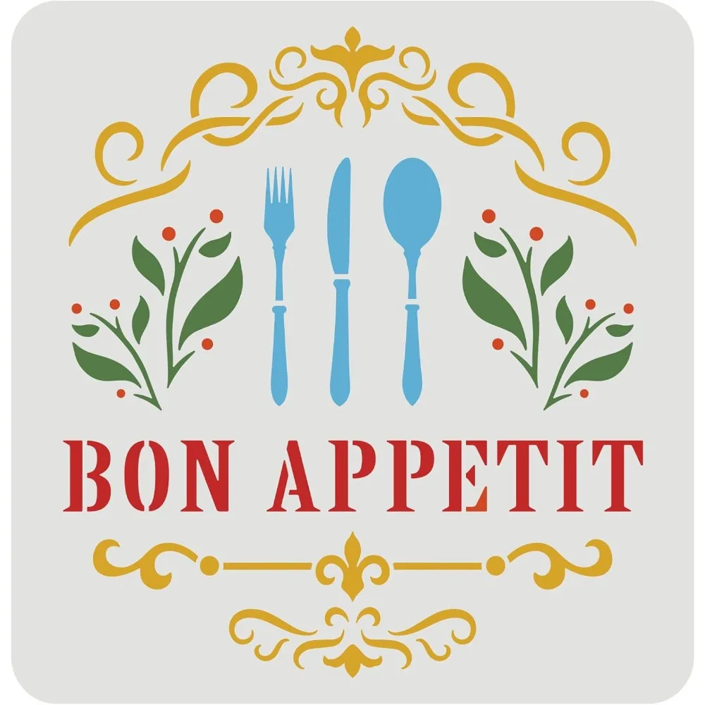 Bon Appetit Stencil 11.8x11.8 inch Large Kitchen Tableware Painting Stencil Reusable Knife Fork Spoon Drawing Stencil Leaves