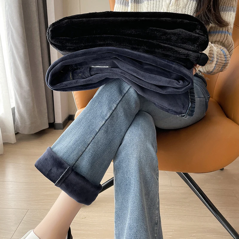 2024 Winter New Women Warm Fleece Flare Jeans Casual Lady Bootcut High Waist Stretch Denim Pants Plus Size y2k Thick Fur Trouser