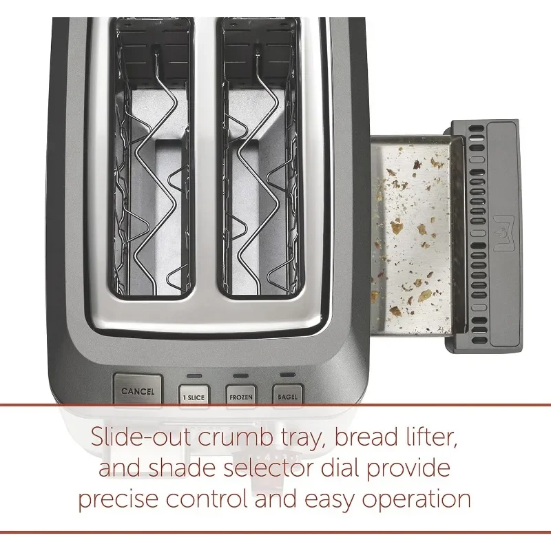 Wolf Gourmet Tostadora de ranura extra ancha de 2 rebanadas con selector de sombra, configuración de bagel y descongelación, perilla roja, acero inoxidable (WGTR152S)