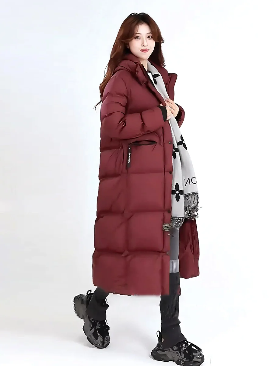 Faionable Red Mid-Length Daunen-Jahet-Damen-Wintermantel mit Kapuze, Luxury Feel Extreme Cold Series Thi White Du Feather