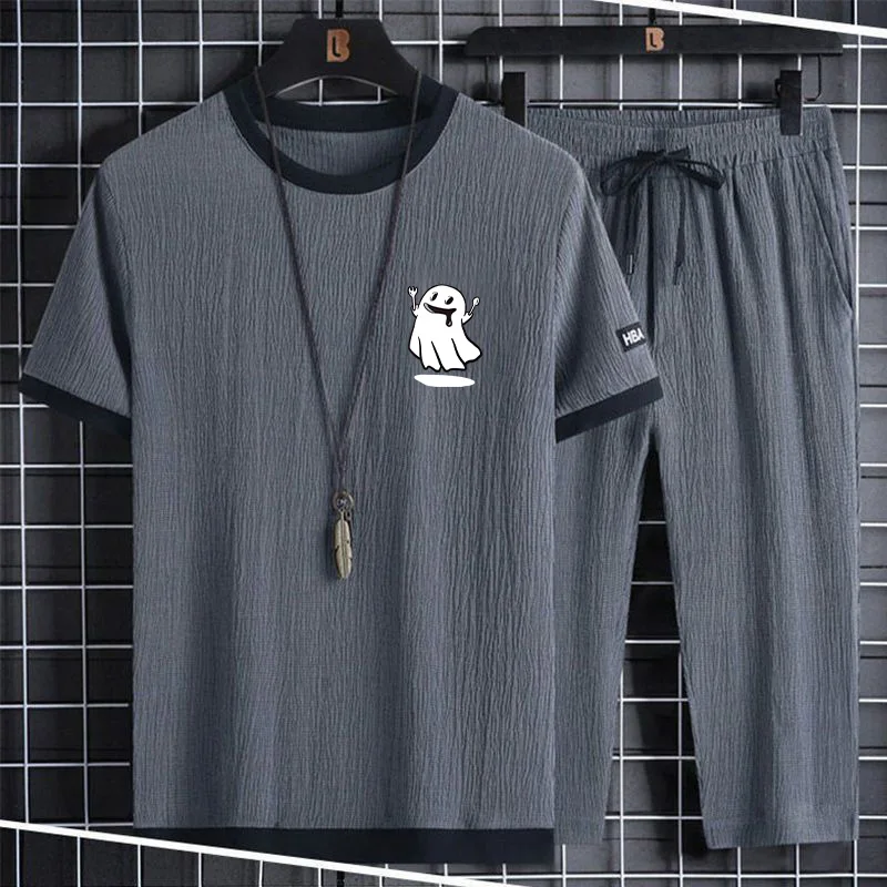 

Youthful Summer Two-Piece Set Men's Loose Fit ort Sve T-irt And Long Pants Sli Casual Sportswear Polyester Fiber