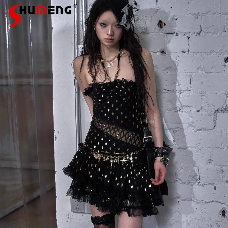 

New American Style Romantic Retro Short Dresses Socialite Pure Desire Polka Dot Bronzing Splicing Lace Halterneck Tube Top Dress